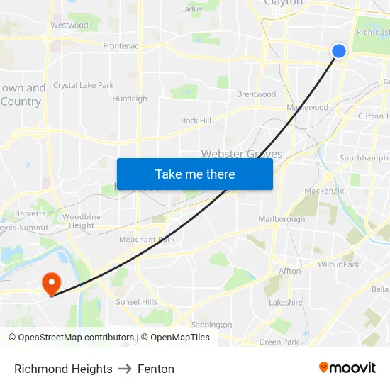 Richmond Heights to Fenton map