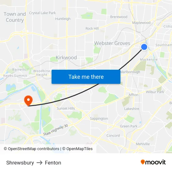 Shrewsbury to Fenton map