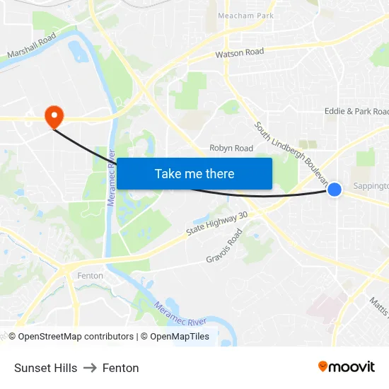 Sunset Hills to Fenton map