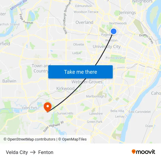 Velda City to Fenton map