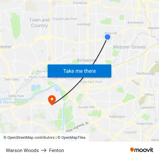 Warson Woods to Fenton map