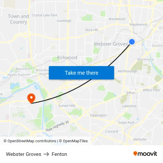 Webster Groves to Fenton map