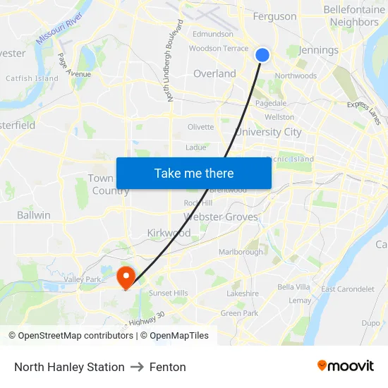 North Hanley Station to Fenton map