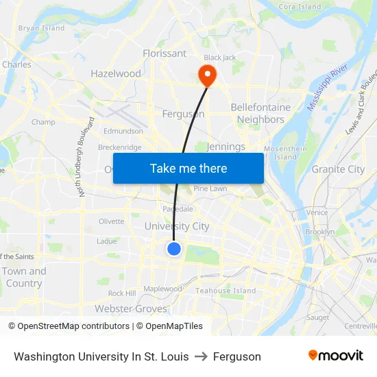 Washington University In St. Louis to Ferguson map