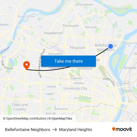 Bellefontaine Neighbors to Maryland Heights map