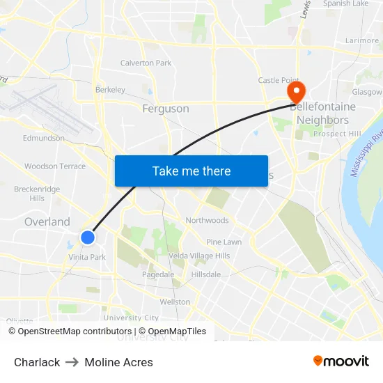 Charlack to Moline Acres map