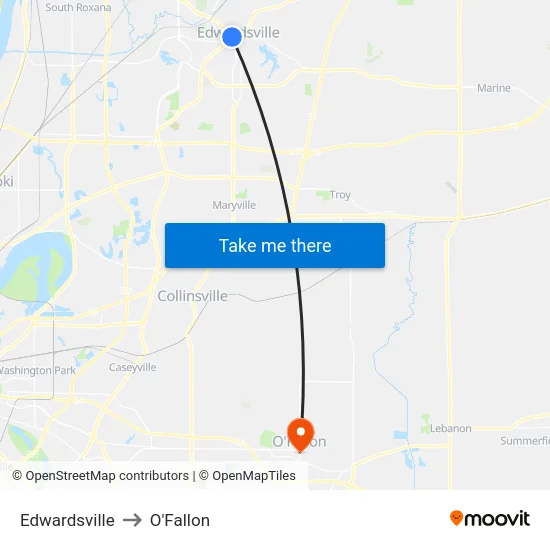 Edwardsville to O'Fallon map