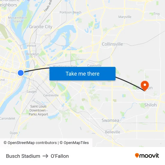 Busch Stadium to O'Fallon map