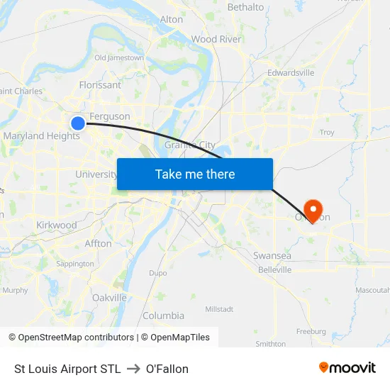St Louis Airport STL to O'Fallon map