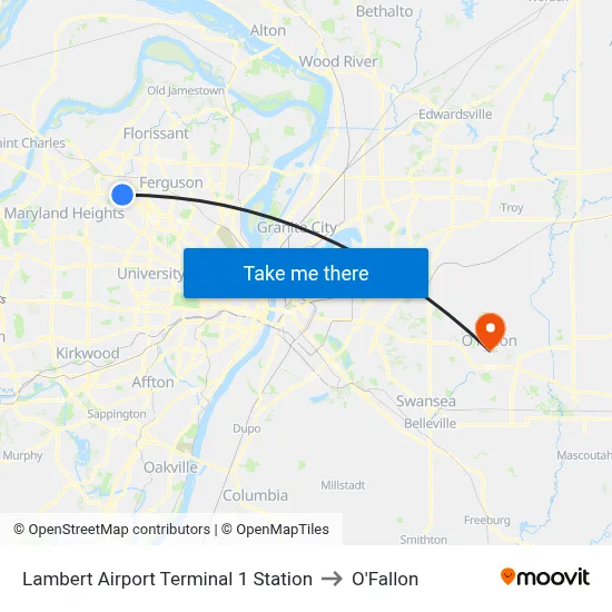 Lambert Airport Terminal 1 Station to O'Fallon map