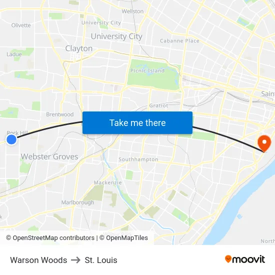 Warson Woods to St. Louis map