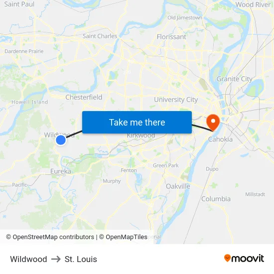 Wildwood to St. Louis map