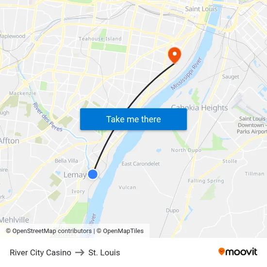 River City Casino to St. Louis map