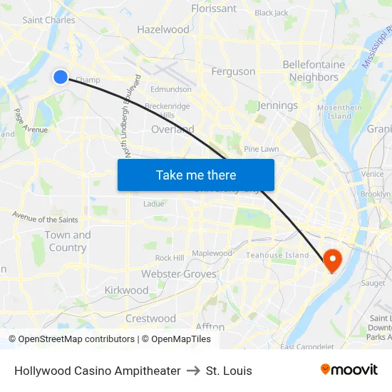 Hollywood Casino Ampitheater to St. Louis map