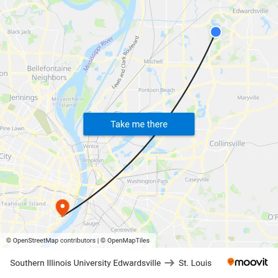 Southern Illinois University Edwardsville to St. Louis map
