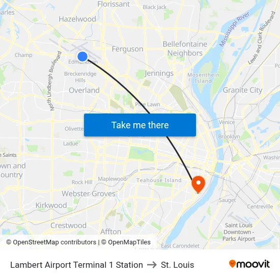 Lambert Airport Terminal 1 Station to St. Louis map