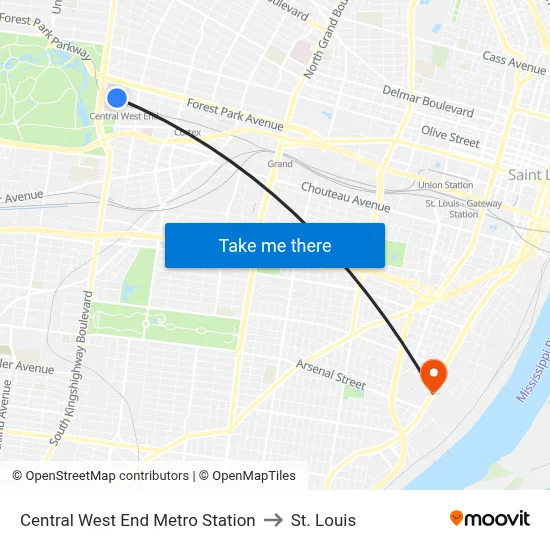 Central West End Metro Station to St. Louis map