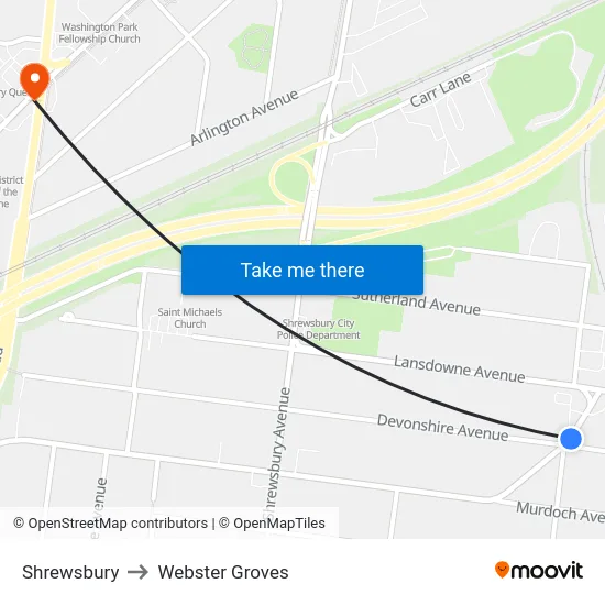 Shrewsbury to Webster Groves map