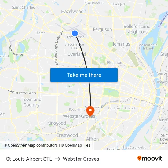 St Louis Airport STL to Webster Groves map