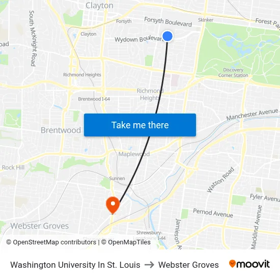 Washington University In St. Louis to Webster Groves map