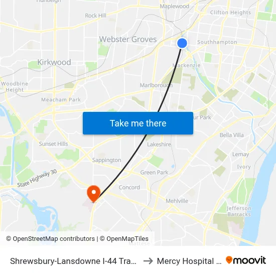 Shrewsbury-Lansdowne I-44 Transit Center to Mercy Hospital South map