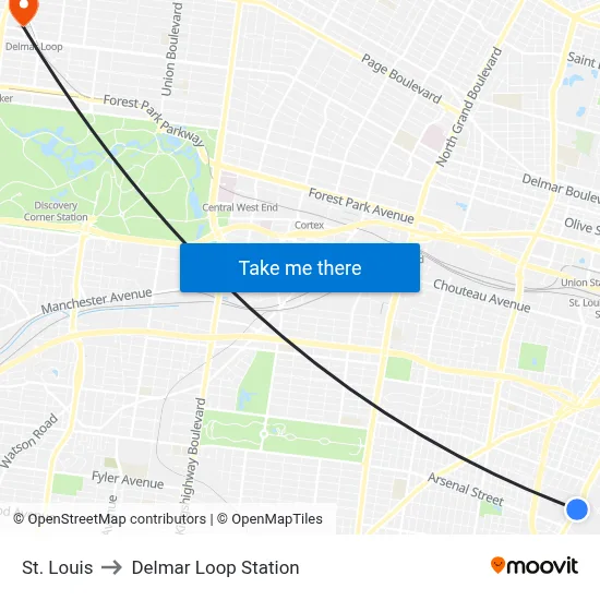 St. Louis to Delmar Loop Station map