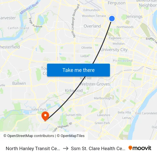 North Hanley Transit Center to Ssm St. Clare Health Center map