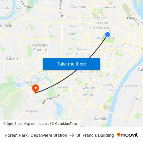 Forest Park–Debaliviere Station to St. Francis Building map