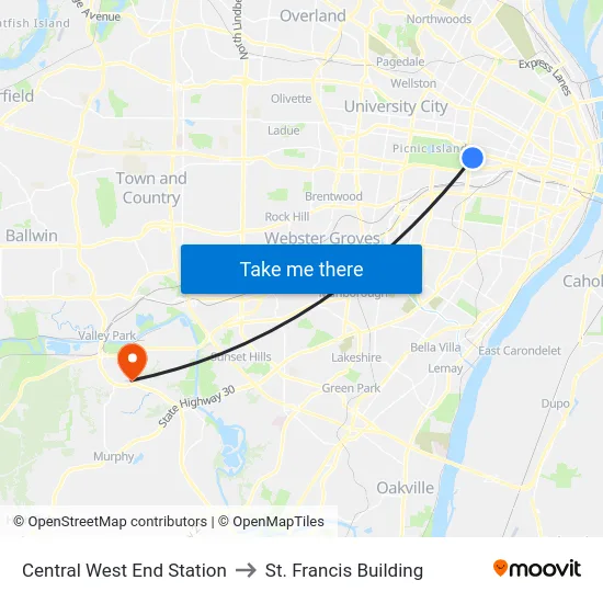 Central West End Station to St. Francis Building map