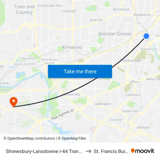 Shrewsbury-Lansdowne I-44 Transit Center to St. Francis Building map