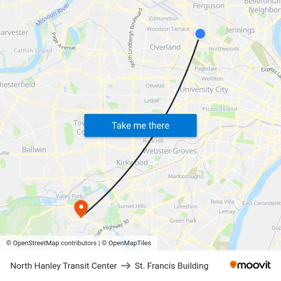 North Hanley Transit Center to St. Francis Building map
