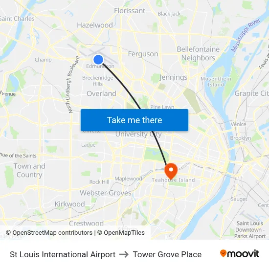 St Louis International Airport to Tower Grove Place map