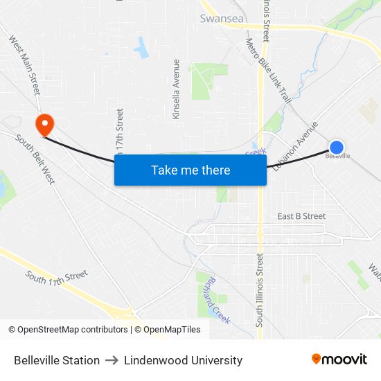 Belleville Station to Lindenwood University map