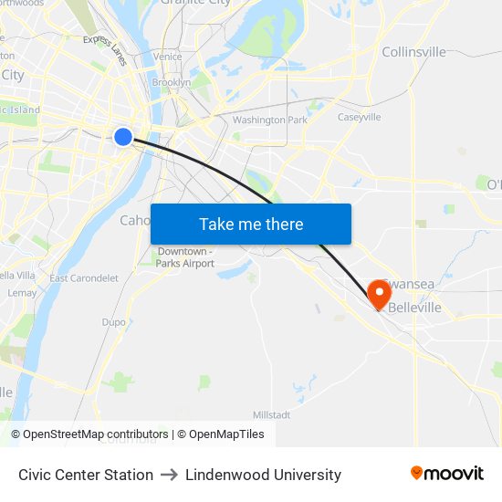 Civic Center Station to Lindenwood University map