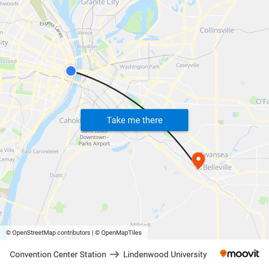 Convention Center Station to Lindenwood University map