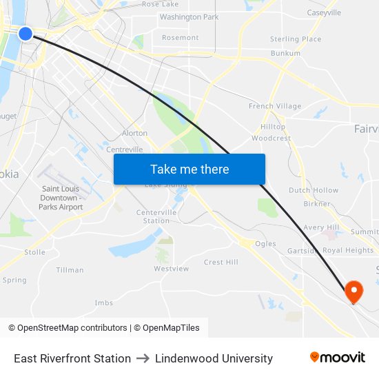 East Riverfront Station to Lindenwood University map