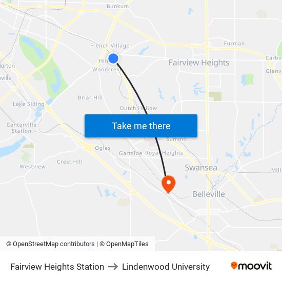 Fairview Heights Station to Lindenwood University map