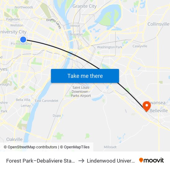 Forest Park–Debaliviere Station to Lindenwood University map