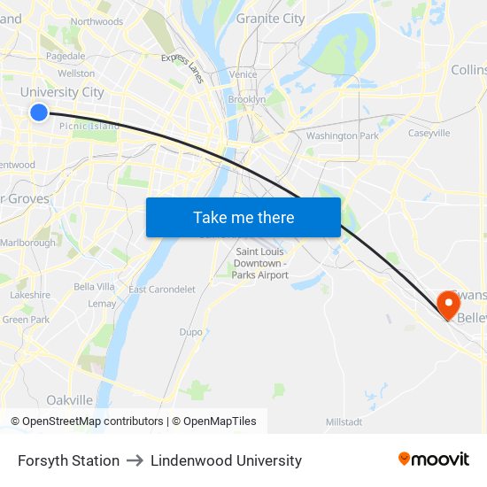 Forsyth Station to Lindenwood University map