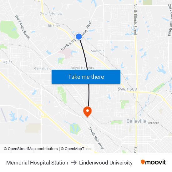 Memorial Hospital Station to Lindenwood University map