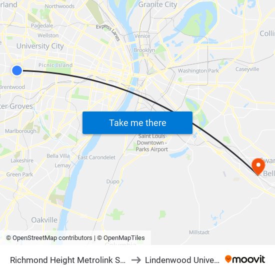 Richmond Height Metrolink Station to Lindenwood University map