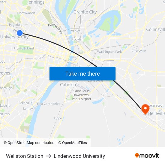 Wellston Station to Lindenwood University map