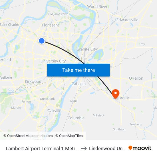 Lambert Airport Terminal 1 Metrolink Station to Lindenwood University map