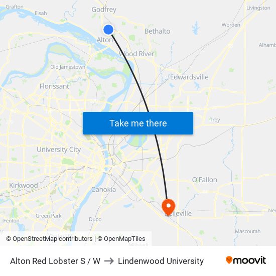 Alton Red Lobster S / W to Lindenwood University map