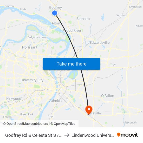 Godfrey Rd & Celesta St S / W to Lindenwood University map