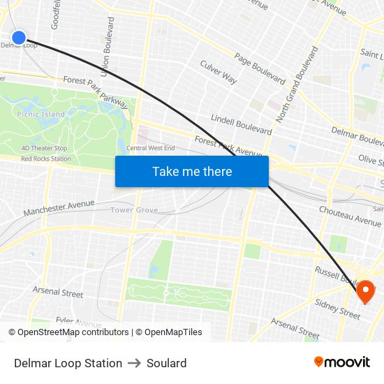 Delmar Loop Station to Soulard map