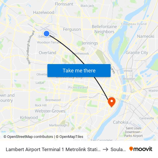 Lambert Airport Terminal 1 Metrolink Station to Soulard map