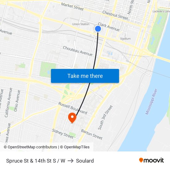 Spruce St & 14th St S / W to Soulard map