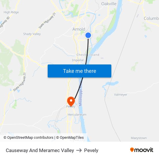 Causeway And Meramec Valley to Pevely map