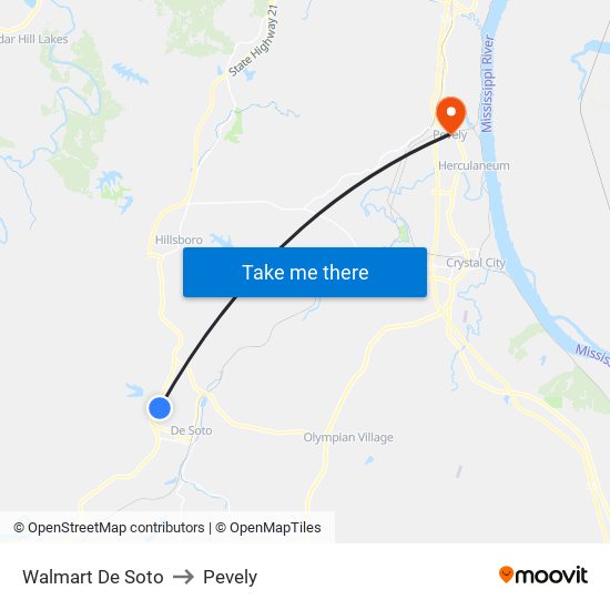 Walmart De Soto to Pevely map